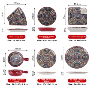 Size chart for Bohemian ceramic plates and bowls with dimensions in centimeters