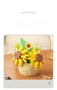 Detailed view of sunflower building block set with woven-style basket on a wooden desk