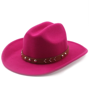 Detail of fuchsia wool felt fedora featuring brown leather band with silver studs and V-sequins