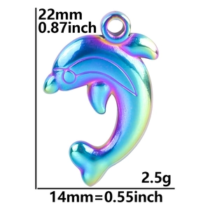 Detail view of rainbow dolphin pendant with dimensions of 22mm by 14mm and 2.5g weight