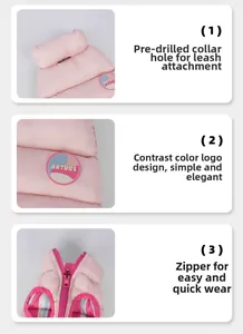 Detail showing rear harness hole, logo patch, and front zipper on the pink pet vest