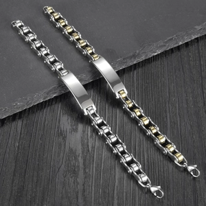 Polished stainless steel bicycle chain bracelets for men in silver and two-tone gold finish