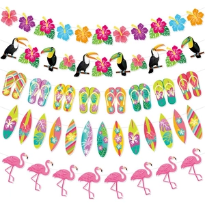 Hawaiian Tropical Party Banner Flamingo Surfboard Flower Paper Garland Summer Beach Birthday Decor DIY Hanging Ornament