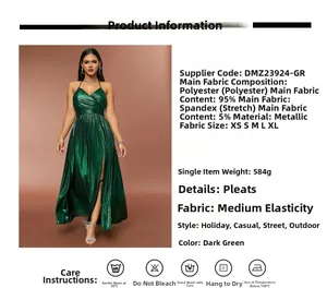 Detail of dark green metallic dress showing ruched texture and high slit design