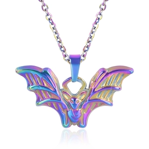 Detailed close-up of rainbow-colored 18K stainless steel bat pendant on a necklace