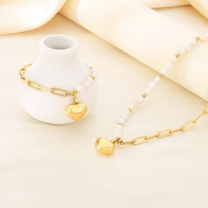 Collier Et Bracelet À Pendentif Cœur En Acier Inoxydable Avec Künstliche Perle Baroque Chaîne Trombone Pour Femme