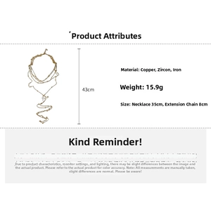 Detail view of multi-layer cross necklace showing 43cm length and 15.9g weight specs