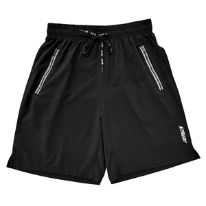 Detail of black quick-dry athletic shorts with zipper pockets and reflective drawstring