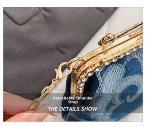 Macro shot of denim bag featuring sparkling rhinestones and a gold detachable chain strap