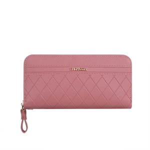 Pink women's long wallet with diamond quilted pattern and convenient wrist strap