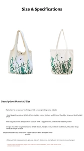 Size chart and internal structure details for chamomile print canvas tote bag