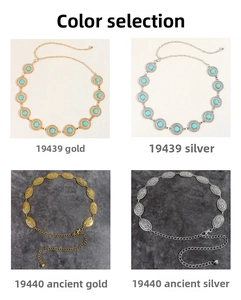 Detail showing vintage metal waist belts with turquoise stones and engraved patterns