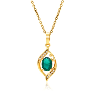 Elegant gold leaf pendant necklace with oval green gemstone and white accents
