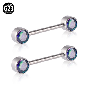 Detail of G23 titanium nipple rings with rainbow opal and internal screw thread