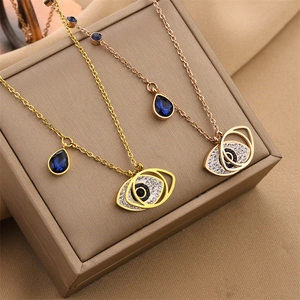 Titanium Steel Evil Eye Pendant Necklace For Women Blue Water Drop Rhinestone Inlaid Fashion Clavicle Chain Jewelry Gift