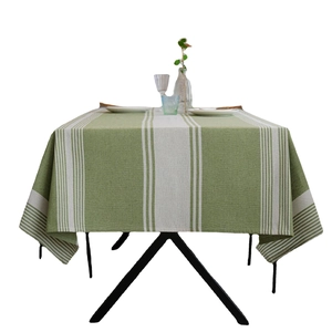 Modern rectangular tablecloth with green and beige stripes in a premium cotton-linen texture