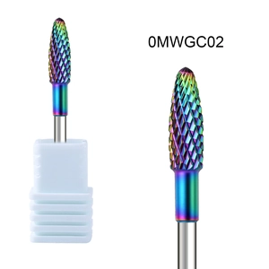 Detailed macro view of rainbow plated carbide nail drill bits with diamond cross-cut teeth