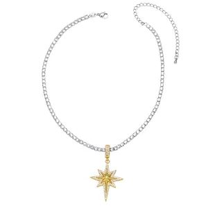 Gold-plated North Star pendant necklace with cubic zirconia on a tennis chain