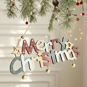 Christmas Hanging Sign Lettering Ornament Wooden Merry Christmas Plaque With Metal Bells Jute Rope For Tree Door Home Decor