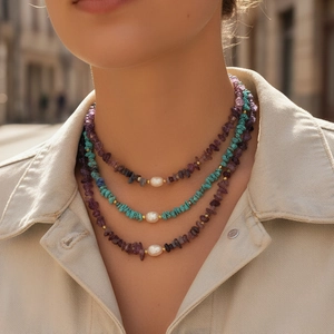 Bohemian Natural Crushed Gemstone Beaded Necklace For Women With Freshwater Pearl Handmade Ethnic Vintage Jewelry