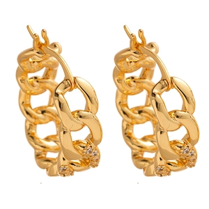 Gold chain link earrings with zircon stones in a geometric hoop design for women