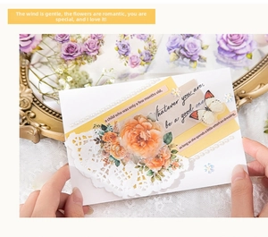 Detail showing orange roses, butterfly, and pearls on floral PET tape decorative elements