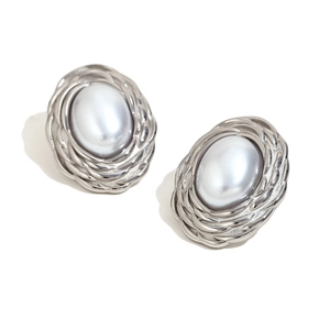 Retro stainless steel silver stud earrings with oval white pearl and wheat pattern frame