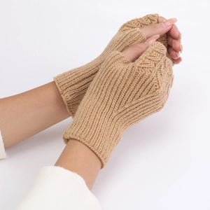 Close-up of camel knit fingerless gloves showing the textured fish scale knit pattern