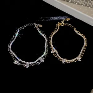 Elegant 18k gold plated double-layer bracelet with sparkling zircon flower pendants