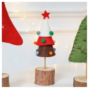 Detail of wool felt Christmas tree ornament with colorful balls and a wooden base