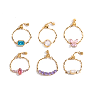 Adjustable titanium steel chain rings with colorful zircon insets in gold finish