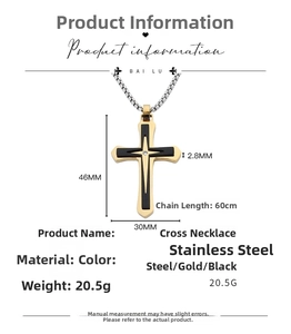 Detailed view of dual-tone cross pendant with dimensions and stainless steel texture