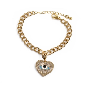 Gold plated link chain bracelet featuring a heart shaped evil eye pendant with cubic zirconia