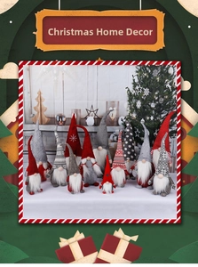 Close-up of assorted Christmas gnomes with patterned hats for festive home decoration