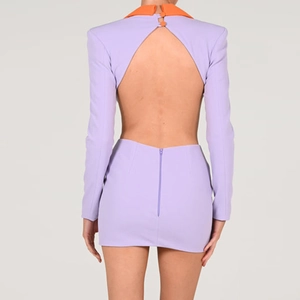 Purple backless blazer mini dress with orange lapel and long sleeves on model