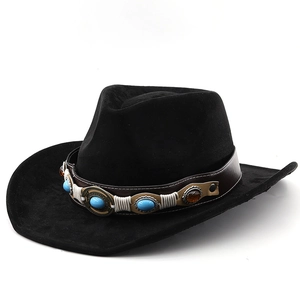 Detail of western hat band with turquoise beads and copper rings on black suede fedora