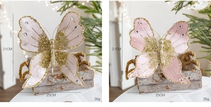 Pink glitter butterfly ornament detail for Christmas tree decoration, size 25x21cm