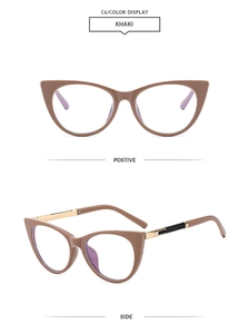 Detail view of khaki cat eye glasses frames with metal temples and polished finish