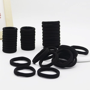 Close-up detail of high-elastic black seamless hair ties stacked on white background