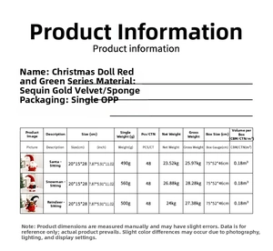 Detailed size and material chart for plush Santa, snowman, and reindeer Christmas dolls