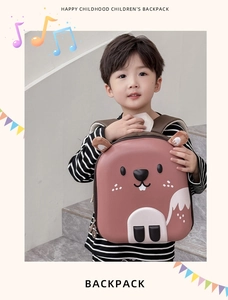 Kid's squirrel hard shell backpack shown on child with playful cartoon stickers