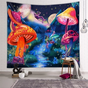 Aesthetic psychedelic mushroom tapestry with astronaut and starry sky for room decor