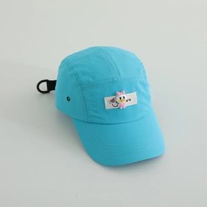 Detail of sky blue quick-dry hat featuring a cute duck patch and adjustable buckle
