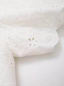 Detailed close-up of white lace fabric featuring intricate hollow eyelet embroidery