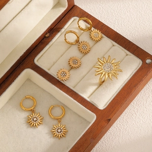 18k gold plated stainless steel sunburst earring and ring jewelry set with zircons