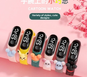 Detailed view of six colorful cartoon LED watches with 3D characters and silicone straps