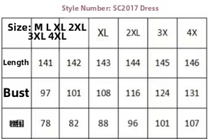 Detailed size chart for A-line maxi dress with digital print from M to 4XL sizes