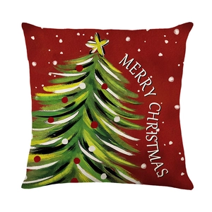 Federa rossa per cuscino natalizio con albero e scritta Merry Christmas su bianco