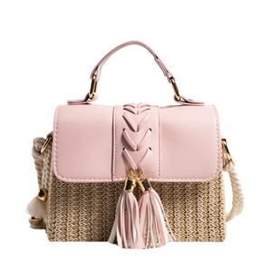 Pink and khaki straw woven saddle bag with leather stitching and tassel detail