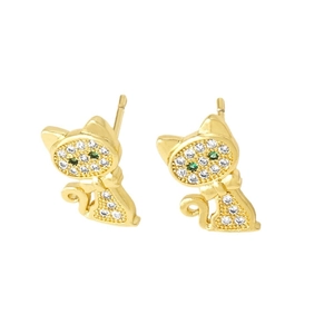 Gold plated cat stud earrings with sparkling white zircons and green gemstone eyes